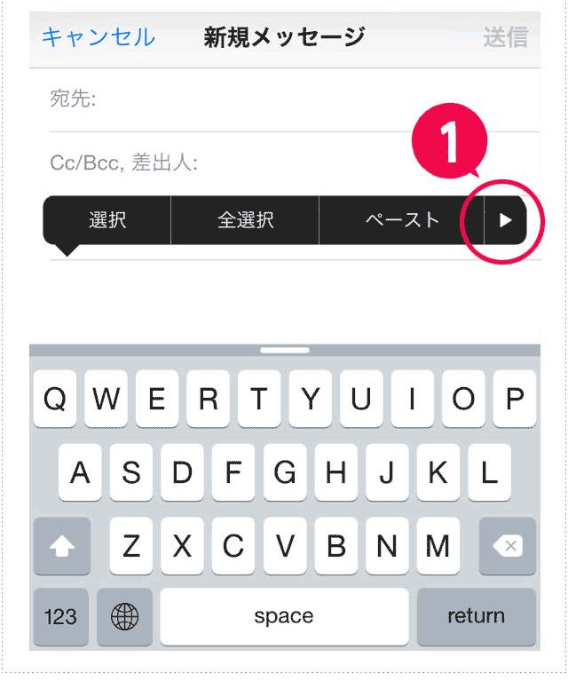 新規作成メールの本文でカーソル部分を長押しこの帯の右端にある三角マークをタップします。